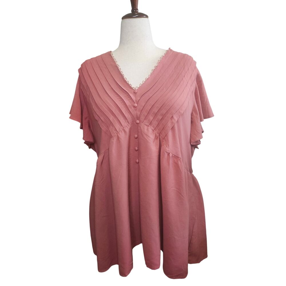 BloomChic Plus Size Dusty Rose Pink Midi Dress Pleated Ruffle Sleeve